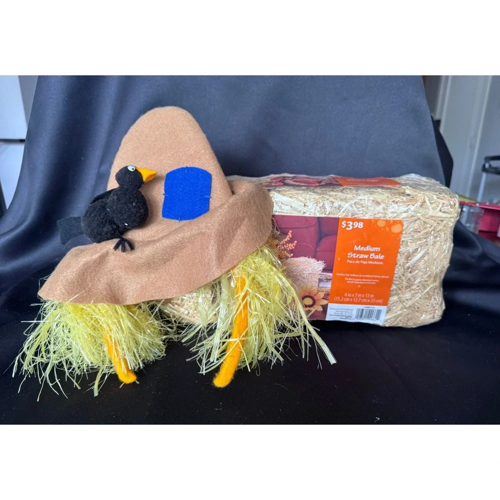 Scarecrow Halloween Headband with Crow and 13 Inch Decorative Straw Bale Set